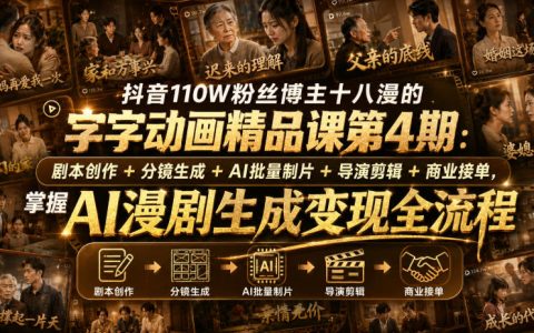 如何掌握AI漫剧生成并实现变现？抖音110W粉博主十八漫《字字动画》精品课第4期：剧本创作、分镜生成、剪辑与商业接单全流程