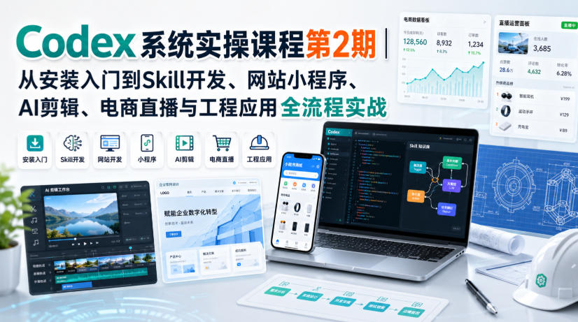 Codex系统实操课程第2期|从安装入门到Skill开发、网站小程序、AI剪辑、电商直播与工程应用全流程实战