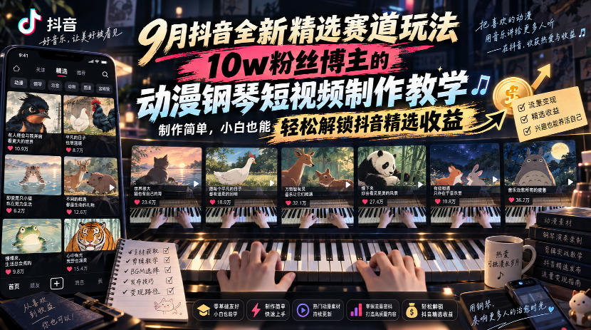 9月抖音全新精选赛道玩法,10w粉丝博主的动漫钢琴短视频制作教学,制作简单,小白也能轻松解锁抖音精选收益