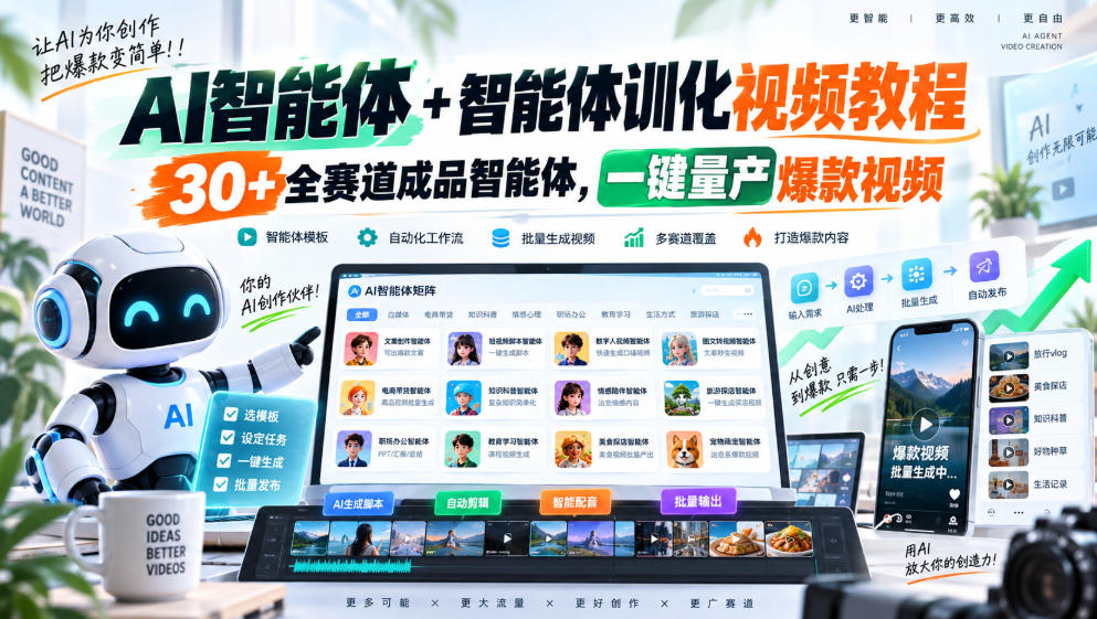 AI智能体+智能体训化视频教程，30+全赛道成品智能体，一键量产爆款视频