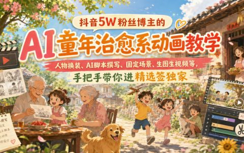 从0到精选签独家：抖音5万粉博主手把手教你做AI童年治愈系动画（人物换装/AI脚本/固定场景/生图生视频全流程）