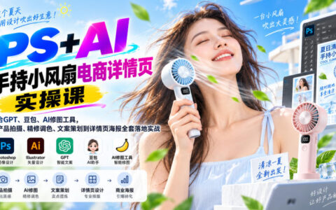 手把手用PS+AI搞定手持小风扇电商详情页：从产品拍摄、精修调色、文案策划到海报设计全流程实战（含GPT、豆包与AI修图）