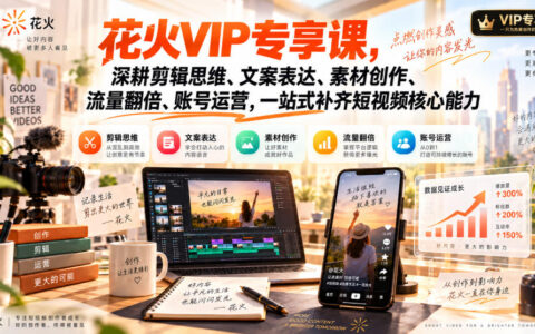 花火VIP专享课：一站式补齐短视频核心能力，深耕剪辑思维、文案表达、素材创作、流量翻倍与账号运营
