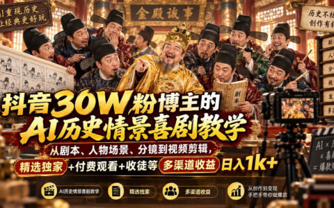 30万粉抖音博主如何用AI做历史情景喜剧？从剧本、人物与场景、分镜到剪辑全流程教学，精选独家+付费观看+收徒多渠道变现，日入1000+