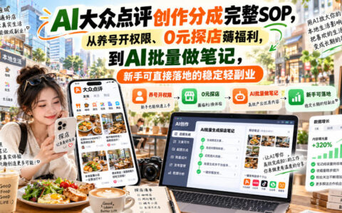 全流程拆解：AI做大众点评创作分成SOP，养号开权限→0元探店→AI批量笔记，新手可落地的稳定轻副业