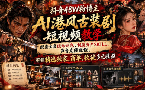 抖音48万粉博主的AI港风古装剧短视频保姆级教程：全套提示词+视觉资产+声音克隆，解锁精选独家、商单与收徒多元变现