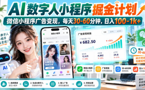 如何用AI数字人做微信小程序广告变现？每天30-60分钟，日入100-1000+（无水印）