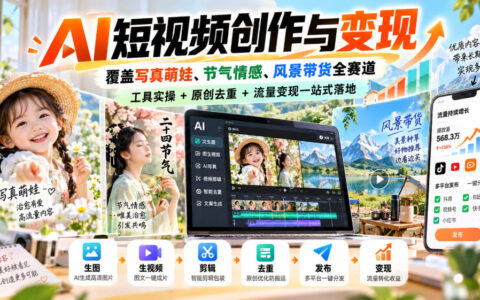 从0到1做AI短视频并变现：写真萌娃、节气情感、风景带货全赛道，工具实操+原创去重一站式落地