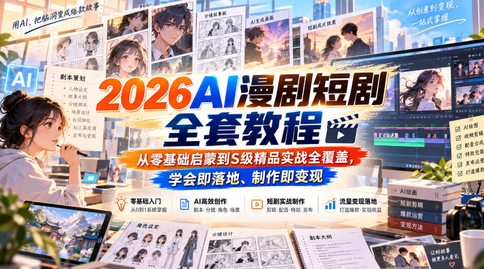【无水印】2026AI漫剧短剧全套教程,从零基础启蒙到S级精品实战全覆盖,学会即落地、制作即变现