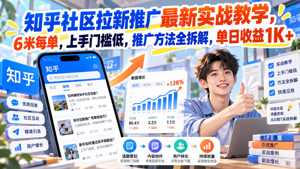 知乎社区拉新推广最新实战教学，6米每单，上手门槛低，推广方法全拆解，单日收益1K+！