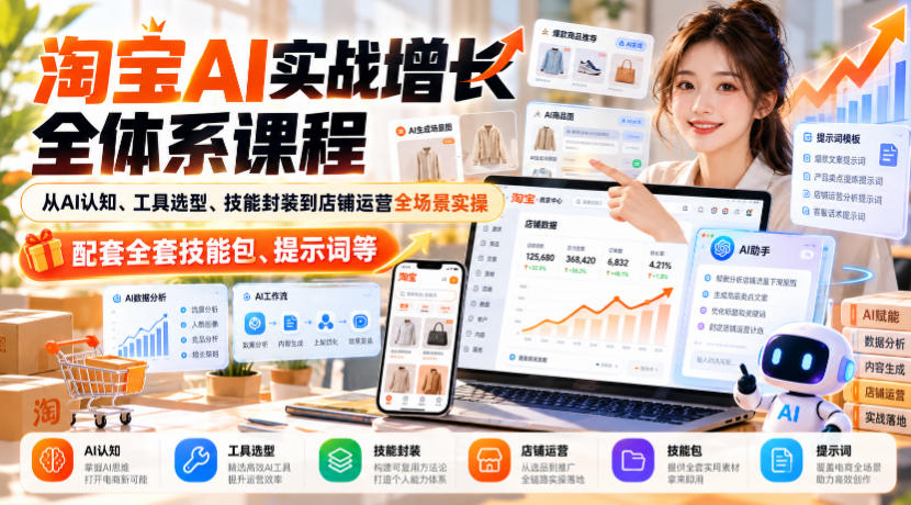 【无水印】淘宝AI实战增长全体系课程，从AI认知、工具选型、技能封装到店铺运营全场景实操，配套全套技能包、提示词等