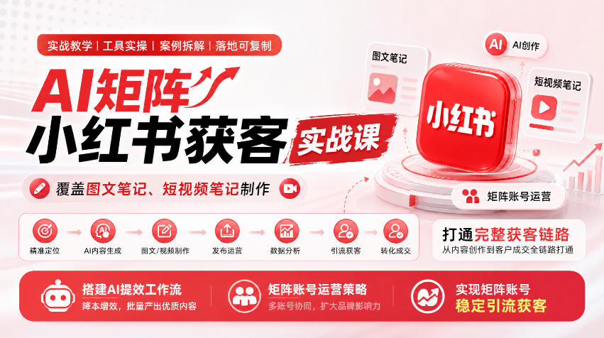 AI矩阵小红书获客实战课,覆盖图文笔记、短视频笔记制作,打通完整获客链路,搭建AI提效工作流,实现矩阵账号稳定引流获客(更新1005)