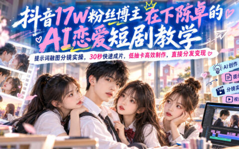 如何用AI30秒做出恋爱短剧？在下陈卓（抖音17万粉）手把手：提示词、融图、分镜实操，低抽卡高效制作直发变现
