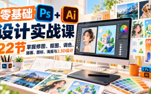 22节课从零掌握PS+AI：修图、抠图、调色、插画、图标、海报到2.5D全搞定