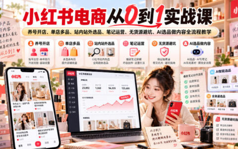 小红书电商从0到1保姆级实战：养号开店、单店多品、站内外选品与笔记运营，无货源避坑+AI选品内容全流程