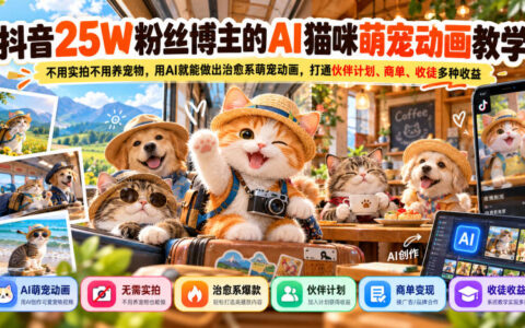 AI也能做治愈系猫咪萌宠动画？抖音25W粉博主手把手教学：不用实拍、不用养宠，伙伴计划/商单/收徒多渠道变现