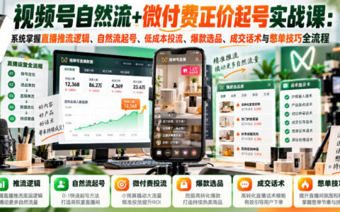 从0到1系统掌握视频号自然流+微付费正价起号：直播推流逻辑、低成本投流、爆款选品、成交话术与憋单技巧全流程