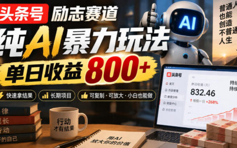 头条号励志赛道，纯AI暴力玩法，单日收益800+，快速拿结果，长期项目