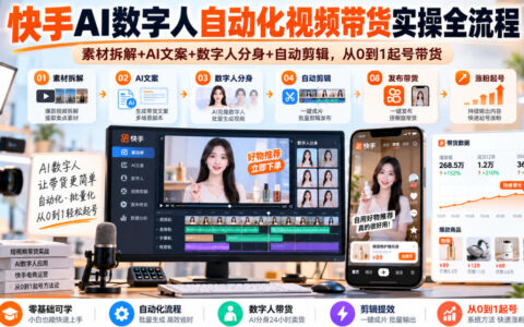 快手AI数字人自动化视频带货从0到1：素材拆解、AI文案、分身、自动剪辑全流程实战（2026更新）