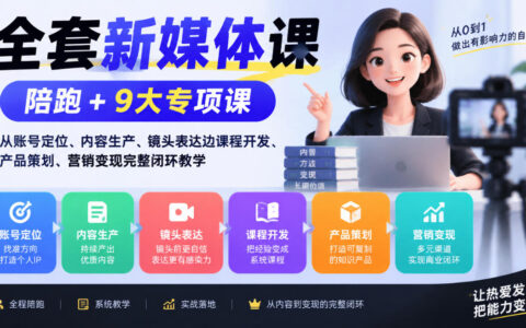 一套课程打通新媒体闭环：陪跑+9大专项，覆盖账号定位、内容生产、镜头表达到课程开发、产品策划、营销变现