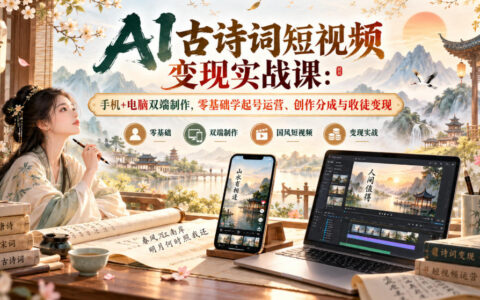 零基础如何用AI做古诗词短视频？手机+电脑双端制作，教你起号运营、创作分成与收徒变现