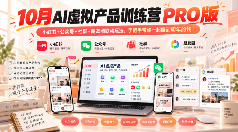 10月AI虚拟产品训练营PRO版,小红书+公众号+社群+朋友圈联动玩法,手把手带你一起赚到明年的钱!(更新1022)